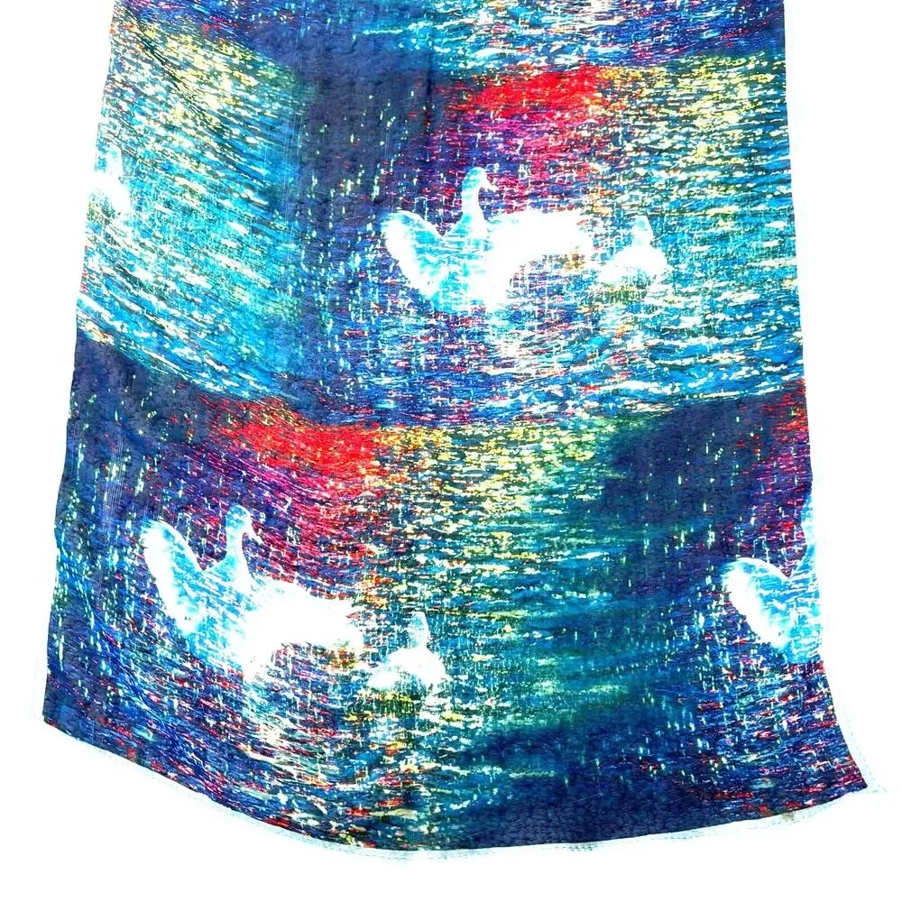 Sheer silky watercolors scarf blue green yellow white swans Modernist rectangle